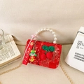 Red sequin girl's handbag with knit cherry decor, pearl handle and gold chain strap - Red Cherry Sequins