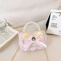 Pink sequin girls crossbody bag with princess bow and faux pearl handle strap - Pink Princess