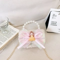 White lace girls' handbag with pearl handle, pink bow and cartoon princess doll charm - Beige