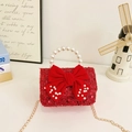 Red sequin girls handbag with velvet bow, pearl handle and gold chain strap - Bow Style