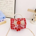Borsa a mano bimba in tweed a quadri rossi con manico di perle e fiocco d'oro - Fiocco a Quadri Rosso