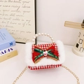 Red plaid tweed girls' Christmas handbag with pearl handle and green bow detail - Red Houndstooth
