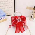 Red houndstooth girls' handbag with large bow, pearl handle and gold chain strap - Red Fur Ball Bow