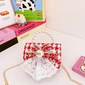Red houndstooth girls' handbag with pearl handle and large white lace bow detail - Red Lace Bow