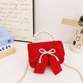 Elegant red tweed girls handbag with pearl handle and bow, featuring gold chain strap - Red Pearl Bow