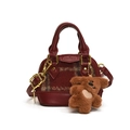 Mini burgundy shell bag with checkered tweed and a brown teddy bear plush accessory - Red Grid With Charm