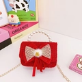 Cute red tweed girls' handbag with pearl handle and large bow detail - Red