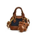 Mini shell-shaped handbag in brown leather and blue denim with a plush bear charm - Denim with Pendant