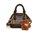 Mini shell-shaped handbag in dark brown leather and tricolor houndstooth pattern - Coffee Grid With Charm