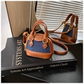Mini shell-shaped girls' tote in dark blue denim and brown leather trim with gold hardware - Denim Bare Bag