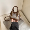 Mini shell handbag in brown leather and black-white-yellow plaid tweed for girls - Coffee Grid Bare Bag