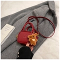 Mini red leather bowling bag for kids featuring letter embossing and a cute bear charm - With Pendant / Burgundy