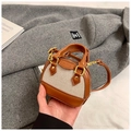 Mini vintage leopard shell bag for girls in brown leather and beige canvas patchwork - Brown Beige Bare Bag