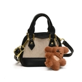 Mini beige canvas and black leather shell bag for girls with a teddy bear charm - Black Beige With Charm