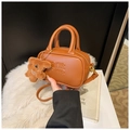 Brown mini bowling bag for kids with AMIR letter embossing and a cute bear charm - With Pendant / Brown
