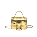 Glossy gold mini square handbag with top handle and silver chain strap in structured box style - Gold