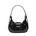 Sac croissant noir verni avec décoration nœud argenté et bandoulière réglable - Noir