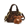 Mini leopard print girls handbag in dark brown finish with plush bear charm detail - Leopard Print With Pendant