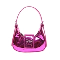 Pink metallic leather crescent hobo bag with silver bow ornament and slim handle - Rose Red