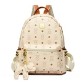 Retro cream PU leather backpack with bear prints and a small dog charm on a white background - With Pendant / Beige