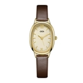 Close-up of GEDI women's oval gold watch with beige dial and dark brown leather strap - Coffee Strap Gold Case Gold Dial