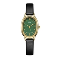 Detail view of the oval gold case with dark green dial and black leather watch strap - Black Strap Gold Case Green Dial