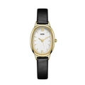 Detailed macro of oval gold bezel with white dial and black leather strap textures - Black Strap Gold Case White Dial