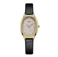 Detailed view of an oval gold watch case with grey dial and black leather strap - Black Strap Gold Case Grey Dial
