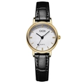 GEDI minimalist women's quartz watch with black leather strap and textured gold dial - Gold Case White Dial Black Strap