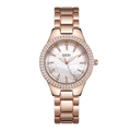 Montre à quartz luxe pour femme en or rose avec cadran nacré et lunette ornée de cristaux - Boîtier Or Rose Cadran Blanc Bracelet Or Rose