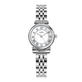 Close-up of silver-tone steel watch featuring a white Roman numeral dial and link strap - Silver Case White MOP Dial Silver Band