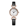 Close-up of GEDI ladies watch with black leather strap and rose gold round case details - Rose Gold Case White Glass White Dial Black Strap
