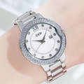 Silver steel watch for women with white Roman dial, date display, and diamond bezel - Silver Case White Dial