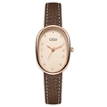 Elegant rose gold oval watch for women with brown leather strap and crystal markers - Coffee Strap Rose Gold Case Rose Gold Dial