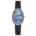 GEDI luxury women's oval quartz watch with blue mother of pearl dial and black leather strap - Black Strap Rose Gold Case Blue Dial