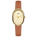Elegant gold oval watch with champagne dial and brown lychee leather strap for women - Orange Strap Gold Case Gold Dial