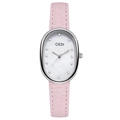 Pink lychee grain leather quartz watch with oval mother of pearl dial and silver case - Pink Strap Silver Case White Dial