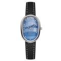 Oval quartz watch with blue mother-of-pearl dial and black leather strap - Black Strap Silver Case Blue Dial