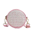 Bolso bandolera redondo de tweed rosa para niñas con hebilla dorada y correa de piel - Rosa