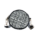 Mini bolso redondo para niñas en tweed blanco y negro con dije floral de metal dorado - Negro