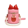 Pink bucket bag for girls with red bow, pearl chain and quilted diamond pattern - Rose Pink