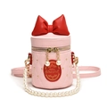 Mini-Zylindertasche in Rosa mit roter Schleife, Steppmuster und edlem Perlen-Griff - Rosa
