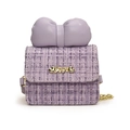 Pink and purple tweed kids crossbody bag with large bow and gold Love heart metal buckle - Purple