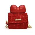 Red tweed mini crossbody bag for girls with large leather bow and gold heart hardware - Red
