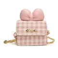 Pink and white tweed mini crossbody bag for girls with a large bow and love heart hardware - Light Pink