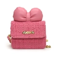 Pink tweed girl's shoulder bag with large bow and golden Love heart metal plaque - Rose Pink