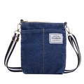 Fashionable denim crossbody bag for kids with yellow stitching and striped shoulder strap - Navy Blue