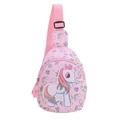 Pink cartoon unicorn chest bag for kids featuring rainbow prints and adjustable strap - Pink