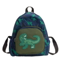 Navy blue children dinosaur backpack with green print and olive green front pocket - Blue