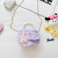 Purple girls' pearl handbag featuring mesh layers and a princess doll ornament - Purple Style Left Girl